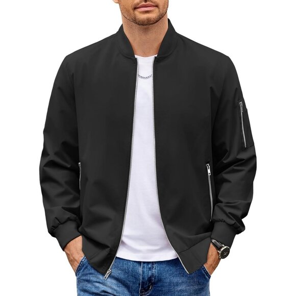 Men's Fashion Stylish Black Bomber Jacket Coat Lightweight Casual Zip Up Pocket